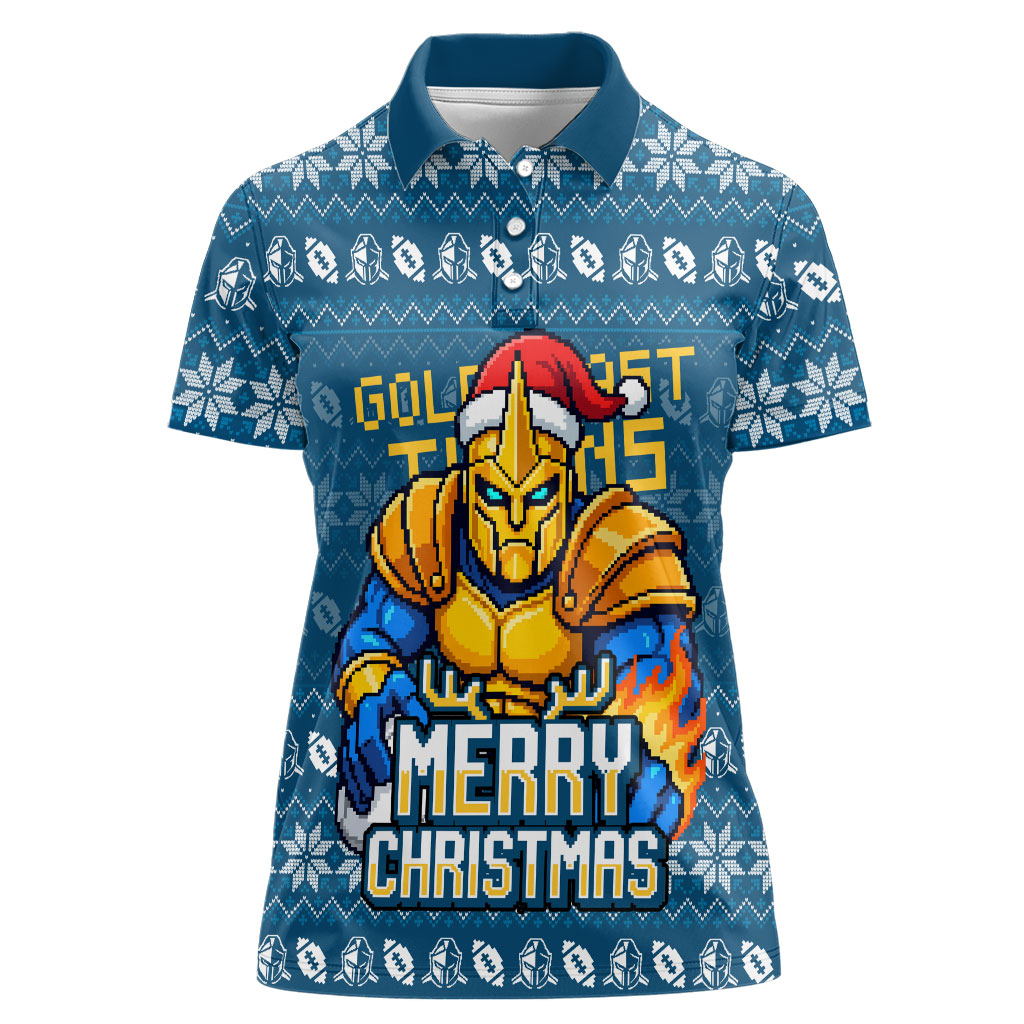 Personalized Gold Coast Titans Christmas Women Polo Shirt Australian Rugby Fans - Pixelated Ugly Xmas Pattern Mascot Santa