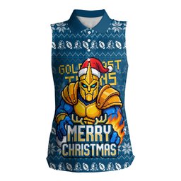 Personalized Gold Coast Titans Christmas Women Sleeveless Polo Shirt Australian Rugby Fans - Pixelated Ugly Xmas Pattern Mascot Santa
