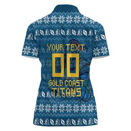 Personalized Gold Coast Titans Christmas Women Polo Shirt Australian Rugby Fans - Pixelated Ugly Xmas Pattern Mascot Santa