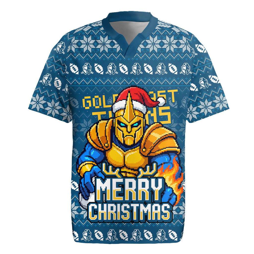 Personalized Gold Coast Titans Christmas Rugby Jersey Australian Rugby Fans - Pixelated Ugly Xmas Pattern Mascot Santa