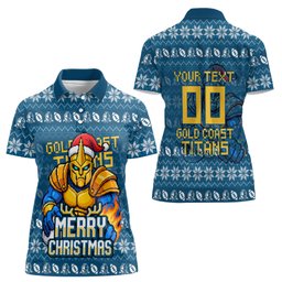 Personalized Gold Coast Titans Christmas Women Polo Shirt Australian Rugby Fans - Pixelated Ugly Xmas Pattern Mascot Santa