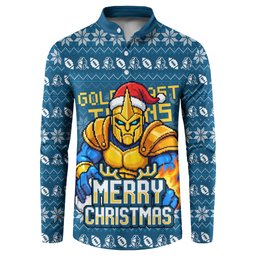 Personalized Gold Coast Titans Christmas Button Sweatshirt Australian Rugby Fans - Pixelated Ugly Xmas Pattern Mascot Santa