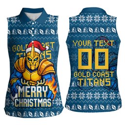 Personalized Gold Coast Titans Christmas Women Sleeveless Polo Shirt Australian Rugby Fans - Pixelated Ugly Xmas Pattern Mascot Santa