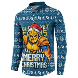 Personalized Gold Coast Titans Christmas Button Sweatshirt Australian Rugby Fans - Pixelated Ugly Xmas Pattern Mascot Santa