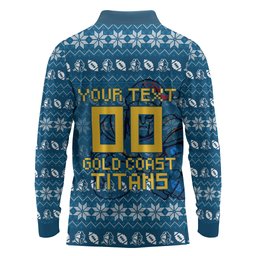 Personalized Gold Coast Titans Christmas Long Sleeve Polo Shirt Australian Rugby Fans - Pixelated Ugly Xmas Pattern Mascot Santa