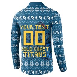 Personalized Gold Coast Titans Christmas Button Sweatshirt Australian Rugby Fans - Pixelated Ugly Xmas Pattern Mascot Santa