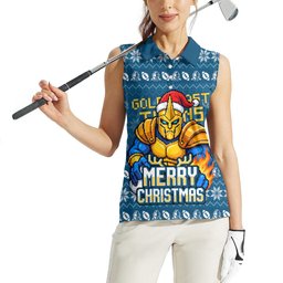 Personalized Gold Coast Titans Christmas Women Sleeveless Polo Shirt Australian Rugby Fans - Pixelated Ugly Xmas Pattern Mascot Santa