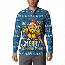 Personalized Gold Coast Titans Christmas Button Sweatshirt Australian Rugby Fans - Pixelated Ugly Xmas Pattern Mascot Santa