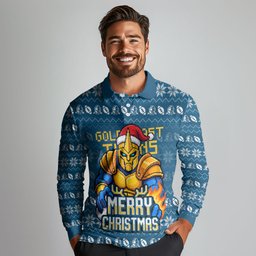 Personalized Gold Coast Titans Christmas Long Sleeve Polo Shirt Australian Rugby Fans - Pixelated Ugly Xmas Pattern Mascot Santa