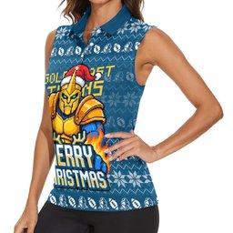 Personalized Gold Coast Titans Christmas Women Sleeveless Polo Shirt Australian Rugby Fans - Pixelated Ugly Xmas Pattern Mascot Santa