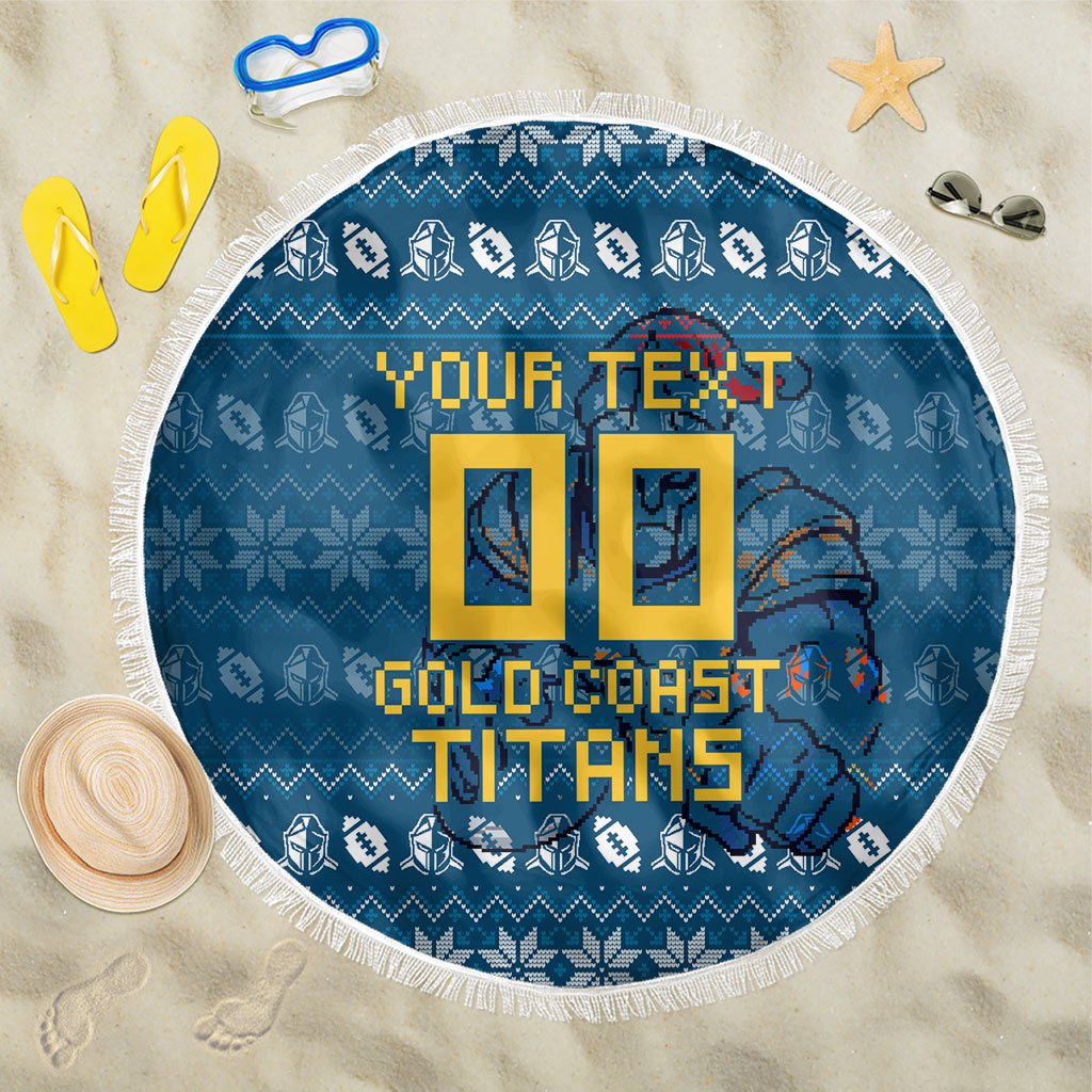 Personalized Gold Coast Titans Christmas Beach Blanket Australian Rugby Fans - Pixelated Ugly Xmas Pattern Mascot Santa