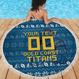 Personalized Gold Coast Titans Christmas Beach Blanket Australian Rugby Fans - Pixelated Ugly Xmas Pattern Mascot Santa