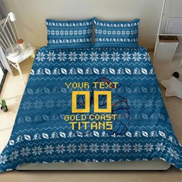 Personalized Gold Coast Titans Christmas Bedding Set Australian Rugby Fans - Pixelated Ugly Xmas Pattern Mascot Santa