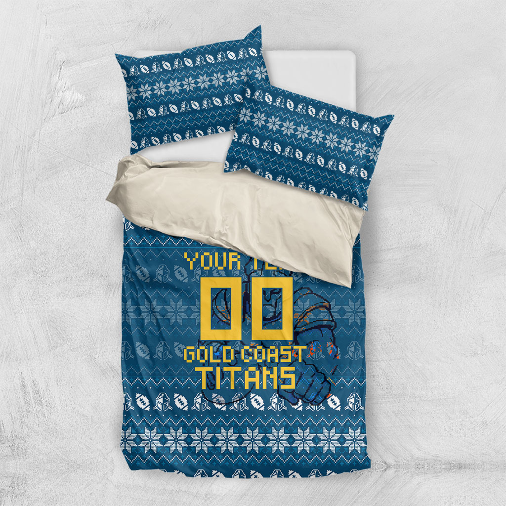 Personalized Gold Coast Titans Christmas Bedding Set Australian Rugby Fans - Pixelated Ugly Xmas Pattern Mascot Santa