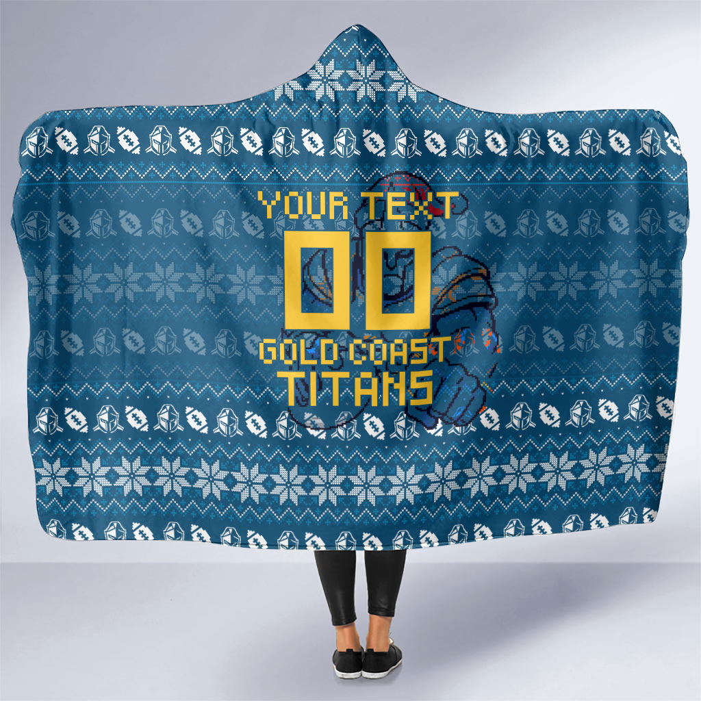 Personalized Gold Coast Titans Christmas Hooded Blanket Australian Rugby Fans - Pixelated Ugly Xmas Pattern Mascot Santa