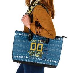 Personalized Gold Coast Titans Christmas Leather Tote Bag Australian Rugby Fans - Pixelated Ugly Xmas Pattern Mascot Santa