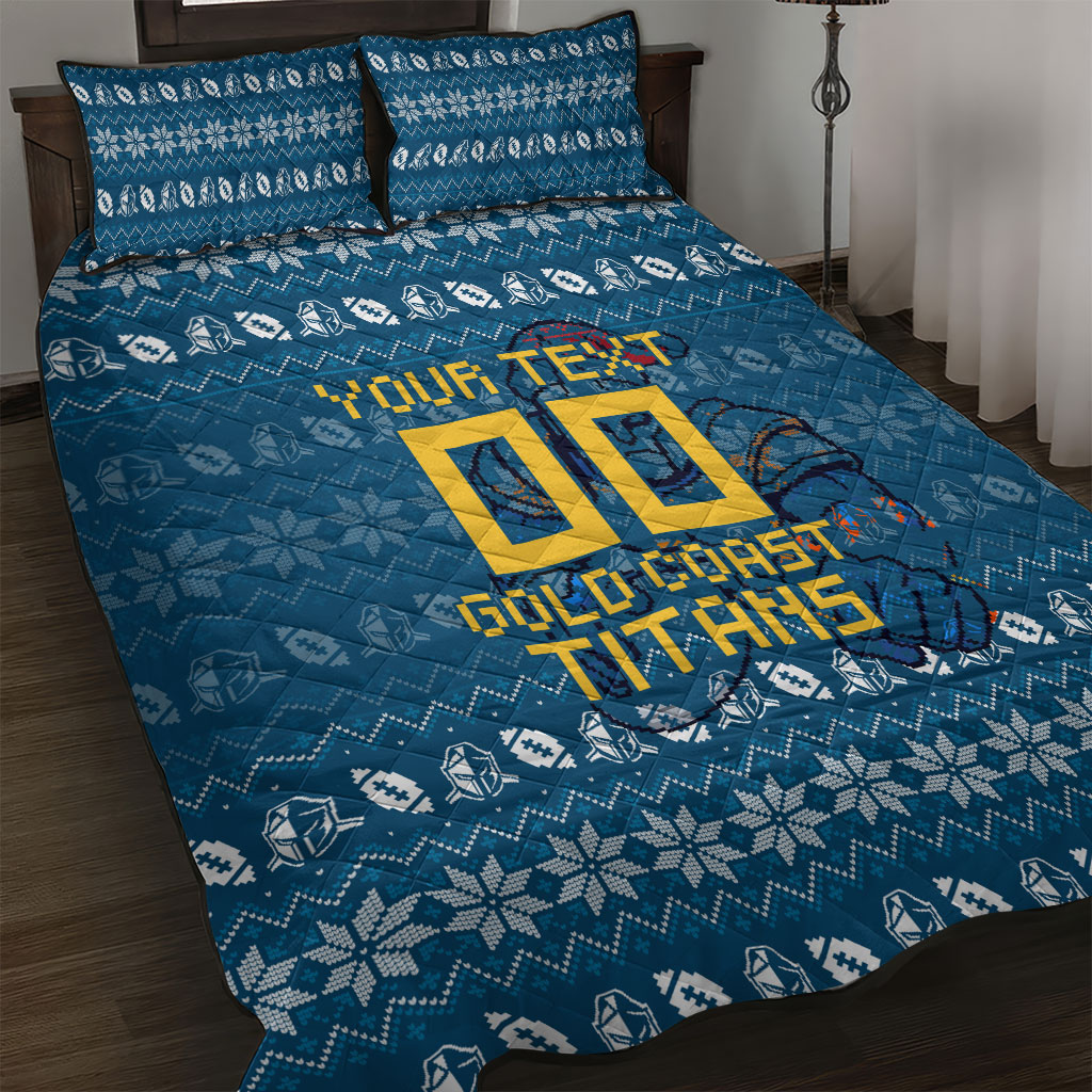 Personalized Gold Coast Titans Christmas Quilt Bed Set Australian Rugby Fans - Pixelated Ugly Xmas Pattern Mascot Santa