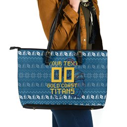 Personalized Gold Coast Titans Christmas Leather Tote Bag Australian Rugby Fans - Pixelated Ugly Xmas Pattern Mascot Santa