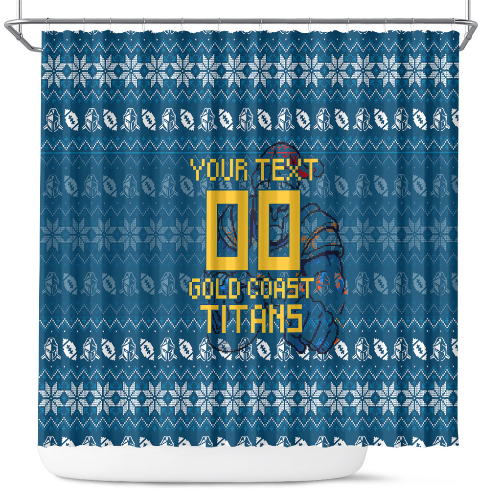 Personalized Gold Coast Titans Christmas Shower Curtain Australian Rugby Fans - Pixelated Ugly Xmas Pattern Mascot Santa