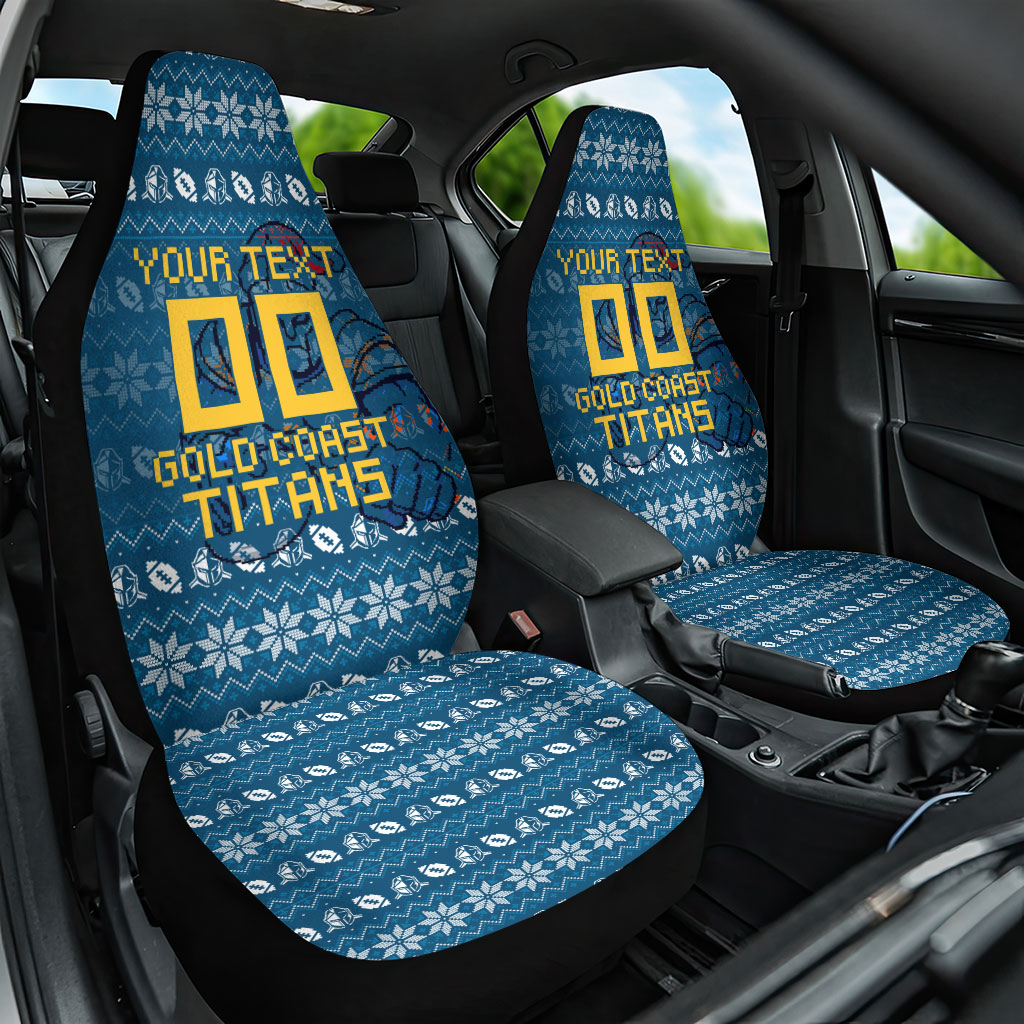 Personalized Gold Coast Titans Christmas Car Seat Cover Australian Rugby Fans - Pixelated Ugly Xmas Pattern Mascot Santa