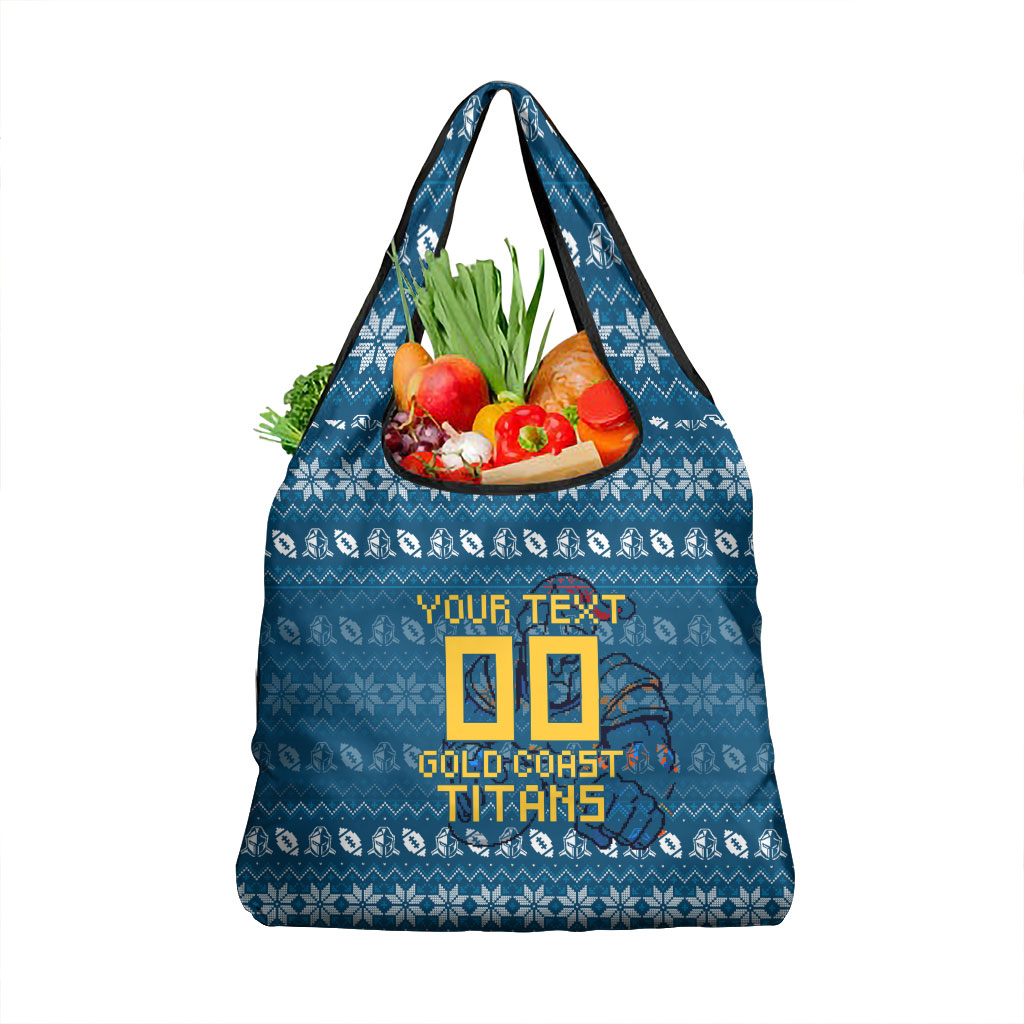 Personalized Gold Coast Titans Christmas Grocery Bag Australian Rugby Fans - Pixelated Ugly Xmas Pattern Mascot Santa