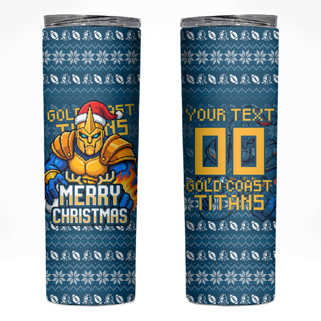 Personalized Gold Coast Titans Christmas Skinny Tumbler Australian Rugby Fans - Pixelated Ugly Xmas Pattern Mascot Santa