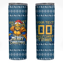 Personalized Gold Coast Titans Christmas Skinny Tumbler Australian Rugby Fans - Pixelated Ugly Xmas Pattern Mascot Santa