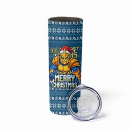 Personalized Gold Coast Titans Christmas Skinny Tumbler Australian Rugby Fans - Pixelated Ugly Xmas Pattern Mascot Santa