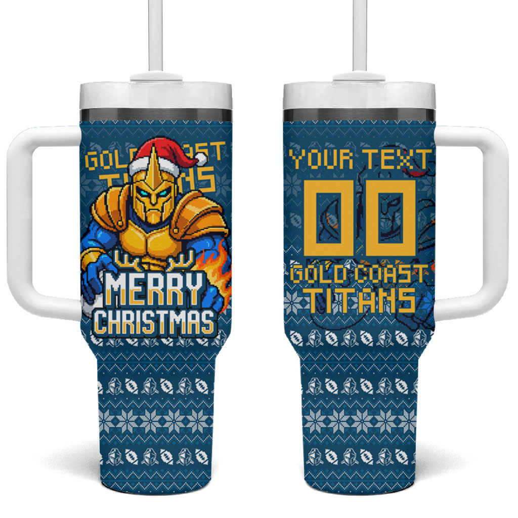 Personalized Gold Coast Titans Christmas Tumbler With Handle Australian Rugby Fans - Pixelated Ugly Xmas Pattern Mascot Santa