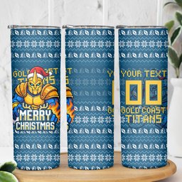 Personalized Gold Coast Titans Christmas Skinny Tumbler Australian Rugby Fans - Pixelated Ugly Xmas Pattern Mascot Santa