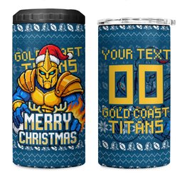 Personalized Gold Coast Titans Christmas 4 in 1 Can Cooler Tumbler Australian Rugby Fans - Pixelated Ugly Xmas Pattern Mascot Santa