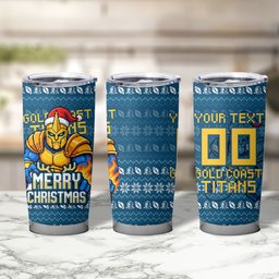 Personalized Gold Coast Titans Christmas Tumbler Cup Australian Rugby Fans - Pixelated Ugly Xmas Pattern Mascot Santa