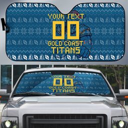 Personalized Gold Coast Titans Christmas Auto Sun Shade Australian Rugby Fans - Pixelated Ugly Xmas Pattern Mascot Santa