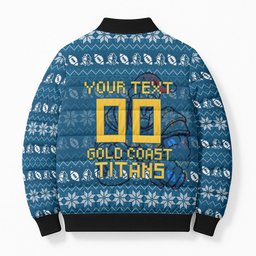 Personalized Gold Coast Titans Christmas Bomber Puffer Jacket Australian Rugby Fans - Pixelated Ugly Xmas Pattern Mascot Santa