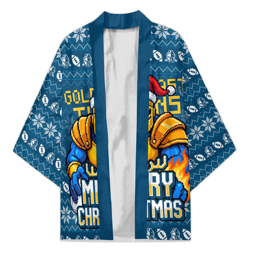 Personalized Gold Coast Titans Christmas Kimono Australian Rugby Fans - Pixelated Ugly Xmas Pattern Mascot Santa