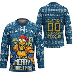 Personalized Gold Coast Titans Christmas Hockey Jersey Australian Rugby Fans - Pixelated Ugly Xmas Pattern Mascot Santa