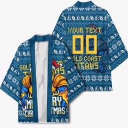 Personalized Gold Coast Titans Christmas Kimono Australian Rugby Fans - Pixelated Ugly Xmas Pattern Mascot Santa