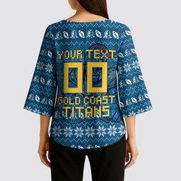 Personalized Gold Coast Titans Christmas Kimono Sleeve Blouse Australian Rugby Fans - Pixelated Ugly Xmas Pattern Mascot Santa