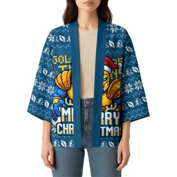 Personalized Gold Coast Titans Christmas Kimono Australian Rugby Fans - Pixelated Ugly Xmas Pattern Mascot Santa