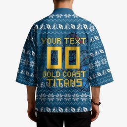 Personalized Gold Coast Titans Christmas Kimono Australian Rugby Fans - Pixelated Ugly Xmas Pattern Mascot Santa