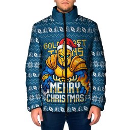 Personalized Gold Coast Titans Christmas Padded Jacket Australian Rugby Fans - Pixelated Ugly Xmas Pattern Mascot Santa