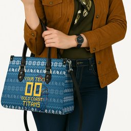 Personalized Gold Coast Titans Christmas Leather Bag Australian Rugby Fans - Pixelated Ugly Xmas Pattern Mascot Santa