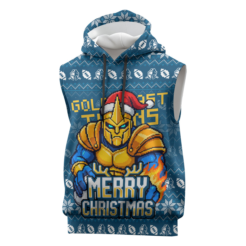 Personalized Gold Coast Titans Christmas Sleeveless Hoodie Australian Rugby Fans - Pixelated Ugly Xmas Pattern Mascot Santa
