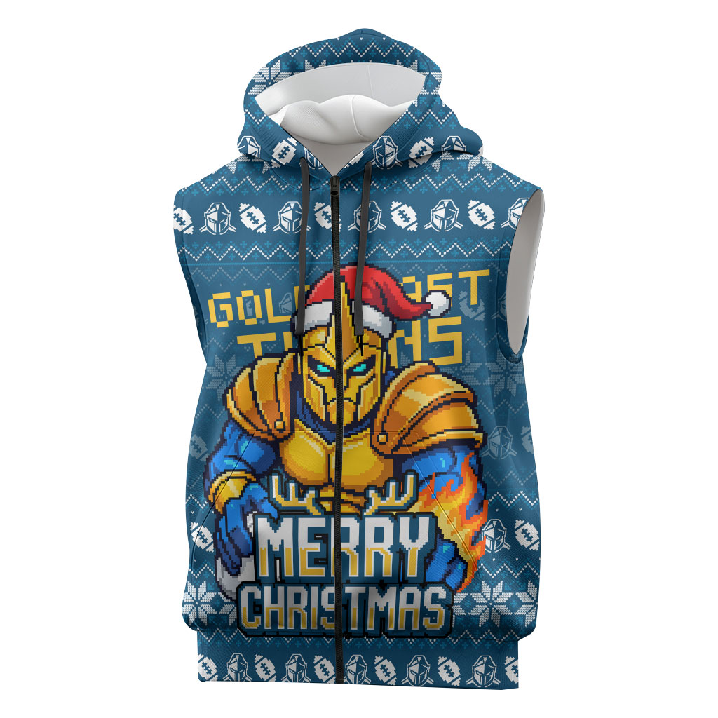 Personalized Gold Coast Titans Christmas Sleeveless Zip Hoodie Australian Rugby Fans - Pixelated Ugly Xmas Pattern Mascot Santa
