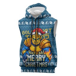 Personalized Gold Coast Titans Christmas Sleeveless Zip Hoodie Australian Rugby Fans - Pixelated Ugly Xmas Pattern Mascot Santa