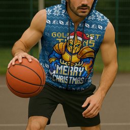 Personalized Gold Coast Titans Christmas Sleeveless Zip Hoodie Australian Rugby Fans - Pixelated Ugly Xmas Pattern Mascot Santa