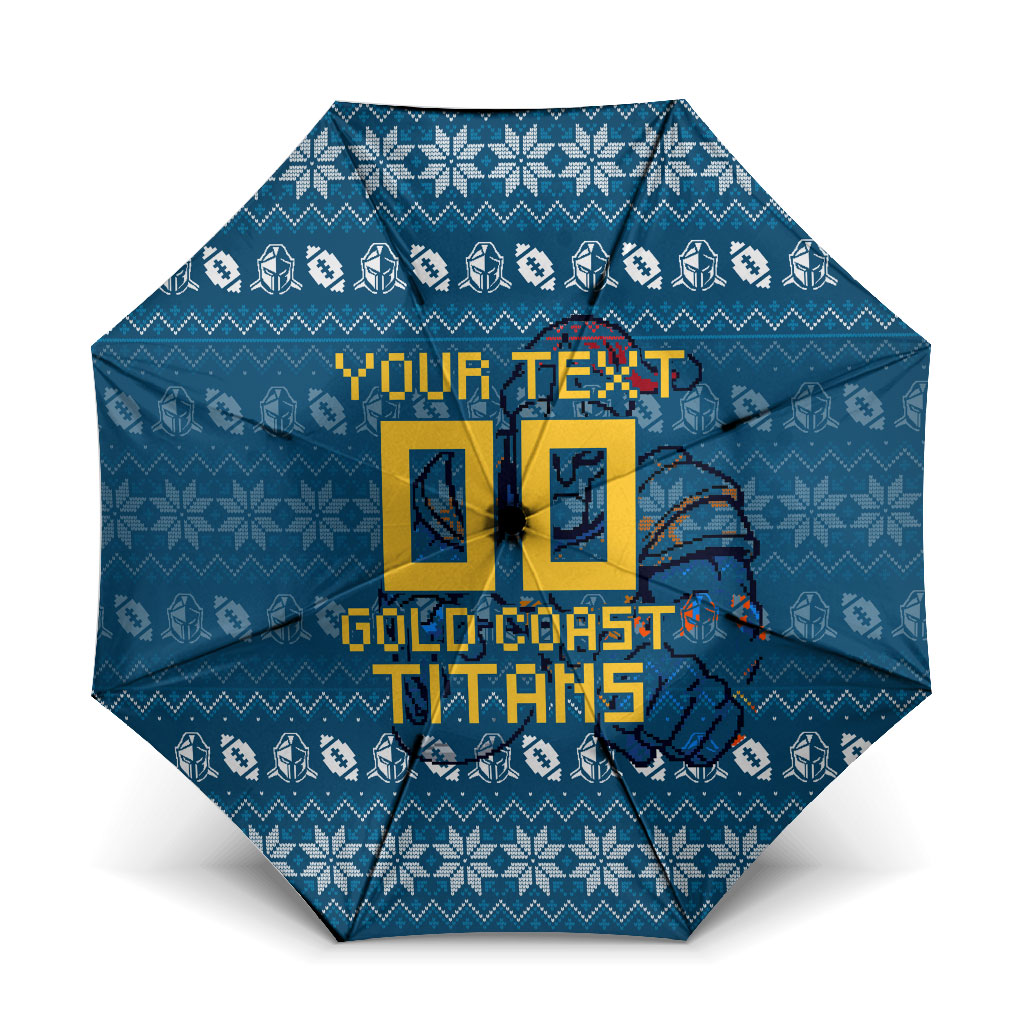 Personalized Gold Coast Titans Christmas Umbrella Australian Rugby Fans - Pixelated Ugly Xmas Pattern Mascot Santa
