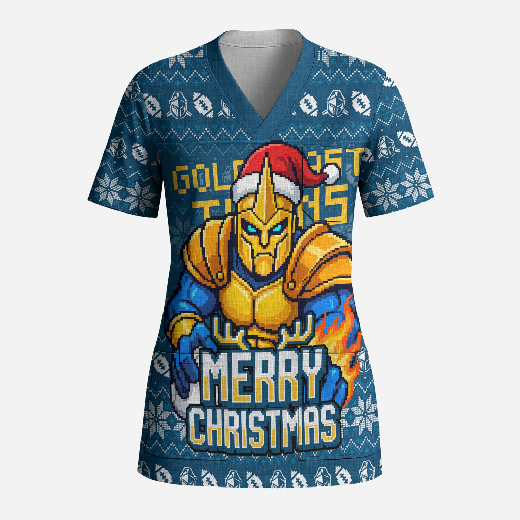 Personalized Gold Coast Titans Christmas Scrub Top Australian Rugby Fans - Pixelated Ugly Xmas Pattern Mascot Santa