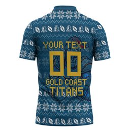 Personalized Gold Coast Titans Christmas Zipper Polo Shirt Australian Rugby Fans - Pixelated Ugly Xmas Pattern Mascot Santa