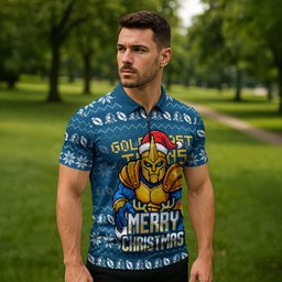 Personalized Gold Coast Titans Christmas Zipper Polo Shirt Australian Rugby Fans - Pixelated Ugly Xmas Pattern Mascot Santa
